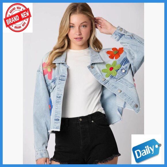 Long Sleeve Button Down 3D Flower Patchwork Crop Raw Hem Denim Jacket - Picture 6 of 6